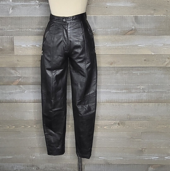Vintage Lew Magram Collection NY Black Leather High Waisted Tapered Leg … - Picture 1 of 16